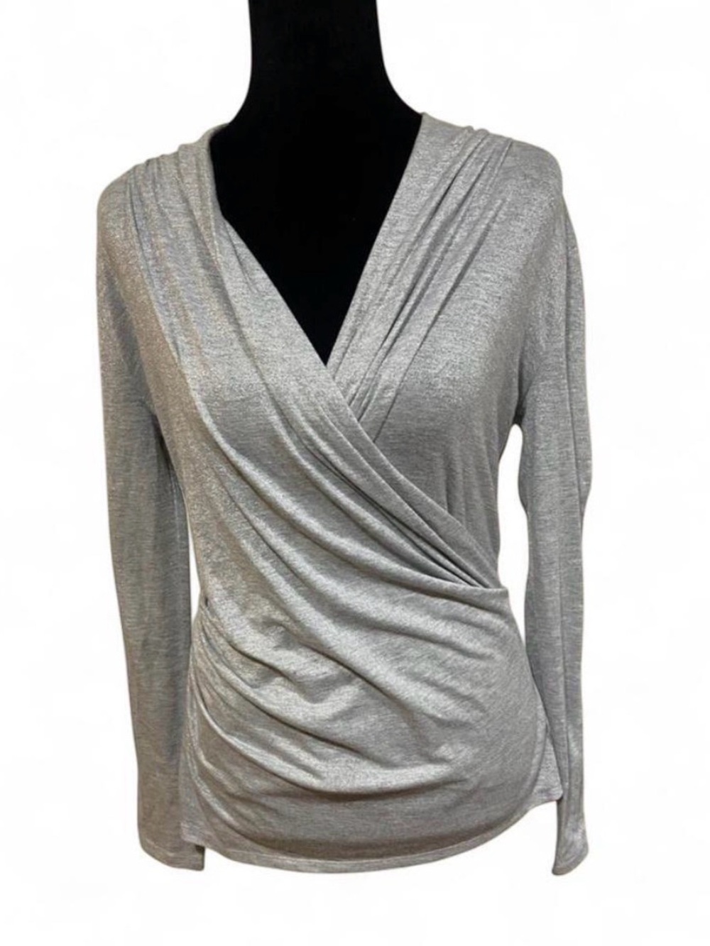 Ann Taylor Shimmery Silver Long-Sleeve Faux-Wrap Blouse - Picture 1 of 6